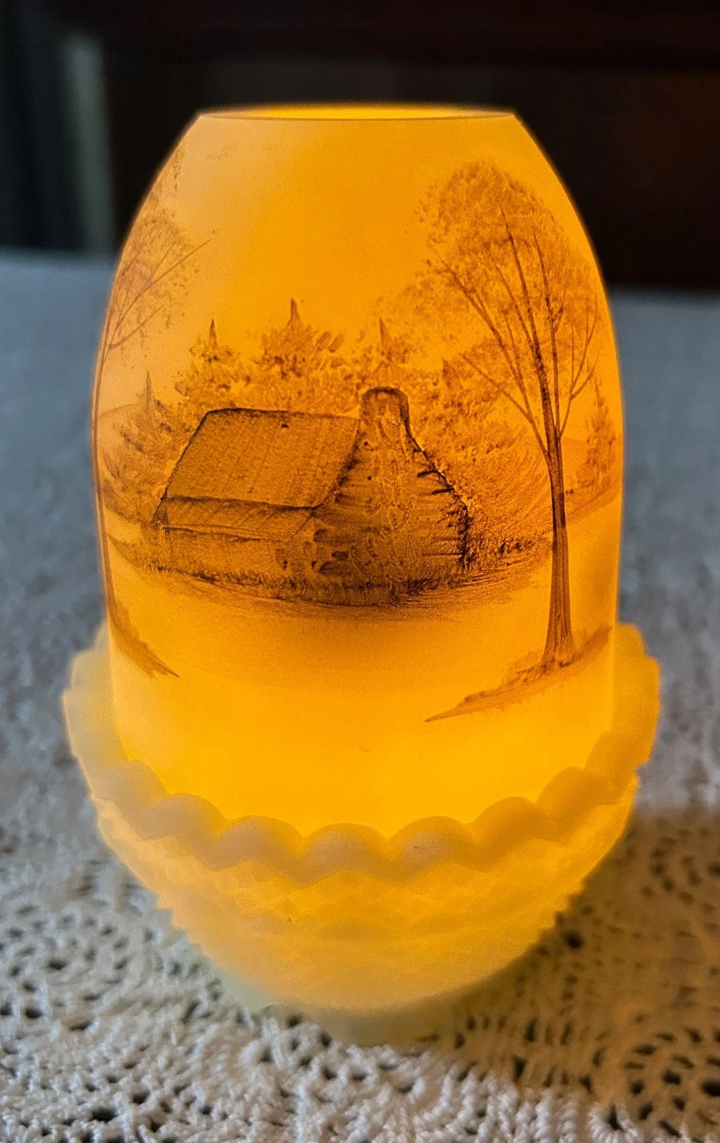 Vintage Fenton Fairy Lamp Secluded Log Cabin Country Hand Painted Artist Signed