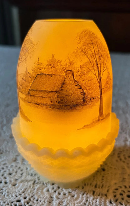Vintage Fenton Fairy Lamp Secluded Log Cabin Country Hand Painted Artist Signed