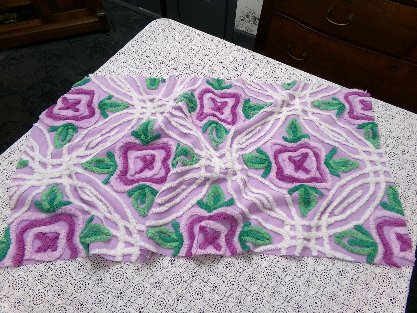Vintage Chenille Bedspread Fabric Lilac Cabbage Roses 17.5 x 34" Cottage Quilt Sewing Material
