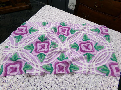 Vintage Chenille Bedspread Fabric Lilac Cabbage Roses 17.5 x 34" Cottage Quilt Sewing Material