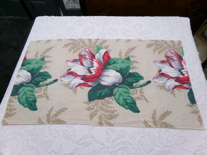 Vintage Barkcloth Fabric 16x27" Floral Magnolia Bloom Red White Green Tan