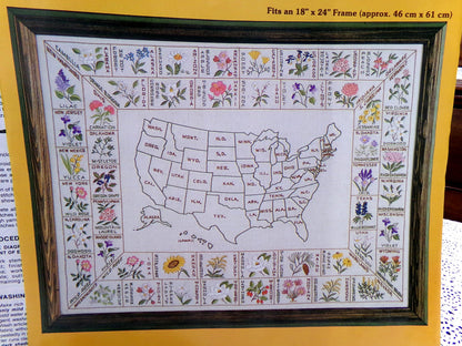 STATES' FLOWER MAP Sampler Vintage Paragon Crewel Embroidery Kit 0449 50 United States Floral Stitchery