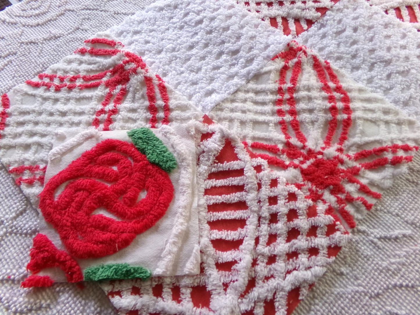 vintage chenille fabric squares, set of 8 red & white 7.5" vintage quilt blocks for sewing, Christmas crafts, quilting