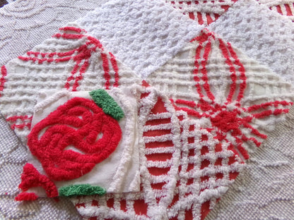 vintage chenille fabric squares, set of 8 red & white 7.5" vintage quilt blocks for sewing, Christmas crafts, quilting
