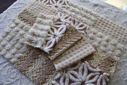 creamy vanilla mocha chenille fabric squares, set of 16 vintage quilt blocks 6" inches ea, daisy, squiggle, puffy pop texture