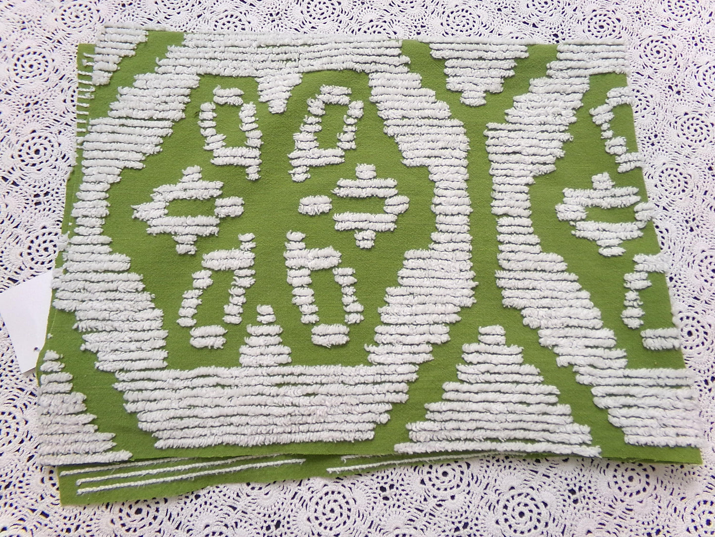 Boho Vintage Chenille Bedspread Fabric, Avocado Green White Daisy 19" x 26" cut piece