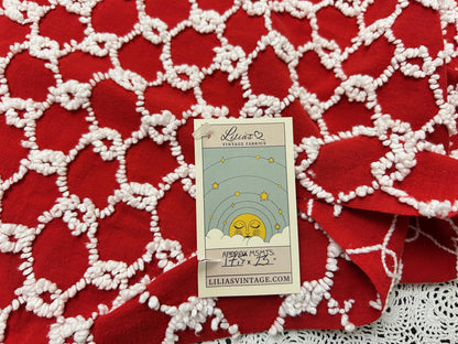 Red & White Vintage Chenille Bedspread Fabric, 17.5x23" Chain Link Design