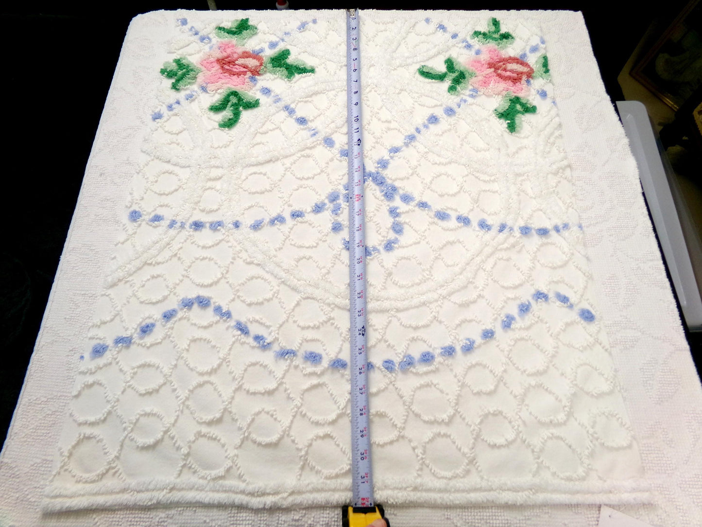 shabby romantic vintage chenille bedspread fabric, pink rose quilt material, 26" x 30" piece