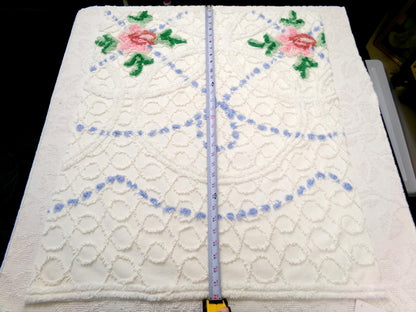 shabby romantic vintage chenille bedspread fabric, pink rose quilt material, 26" x 30" piece