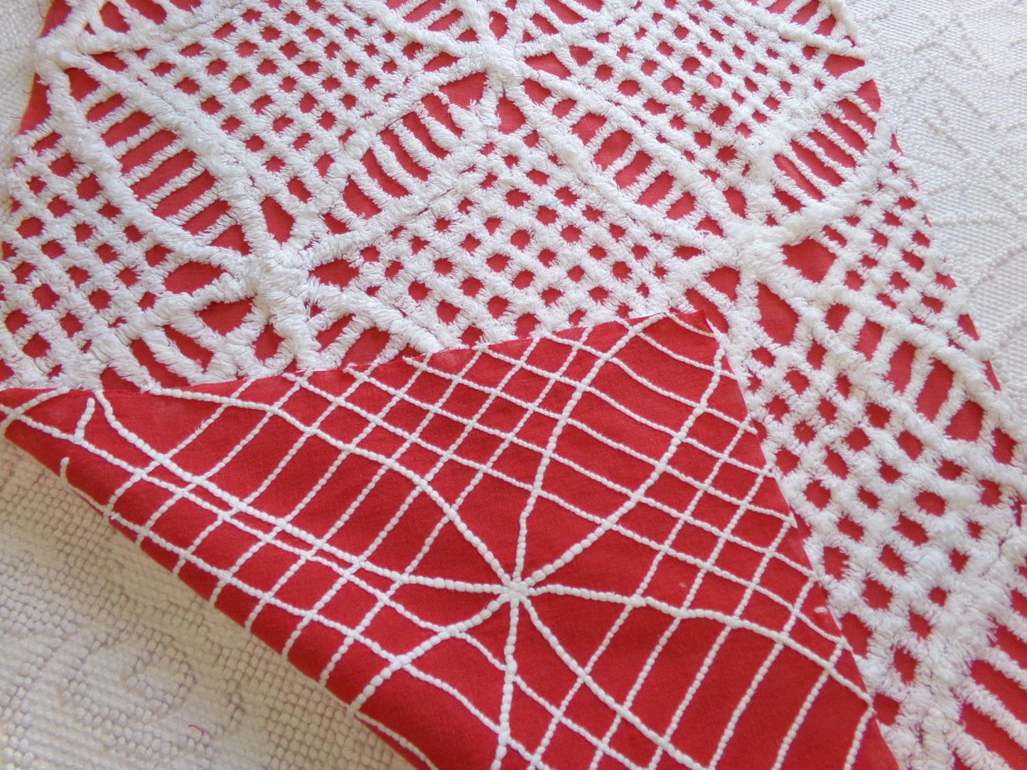 Vintage Red Chenille Fabric, White Geometric 17x24" Quilt Material
