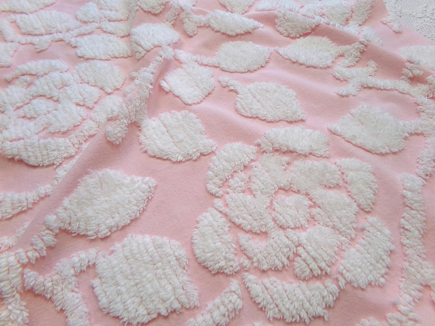 sculpted rose pink vintage chenille fabric, stylized roses cottage chic sewing material, 24" x 20" piece