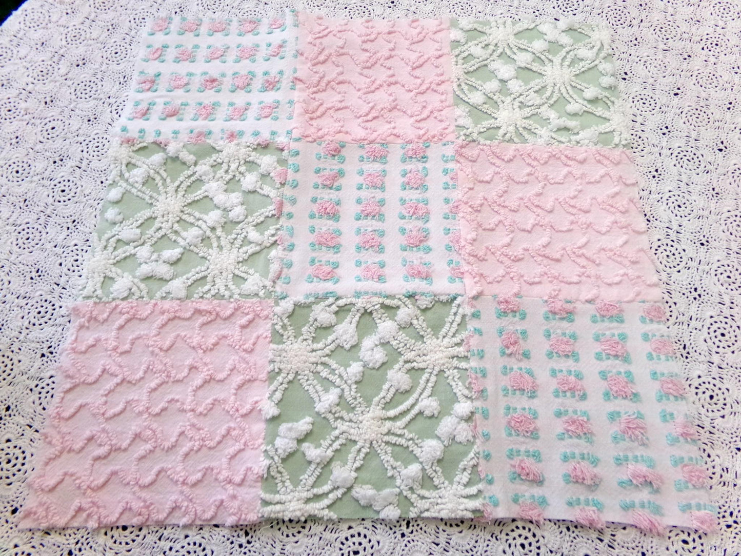 Vintage Patchwork Chenille Fabric Craft Panel, 16" Square, Cottage Style DIY Pillows