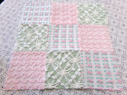 Vintage Patchwork Chenille Fabric Craft Panel, 16" Square, Cottage Style DIY Pillows