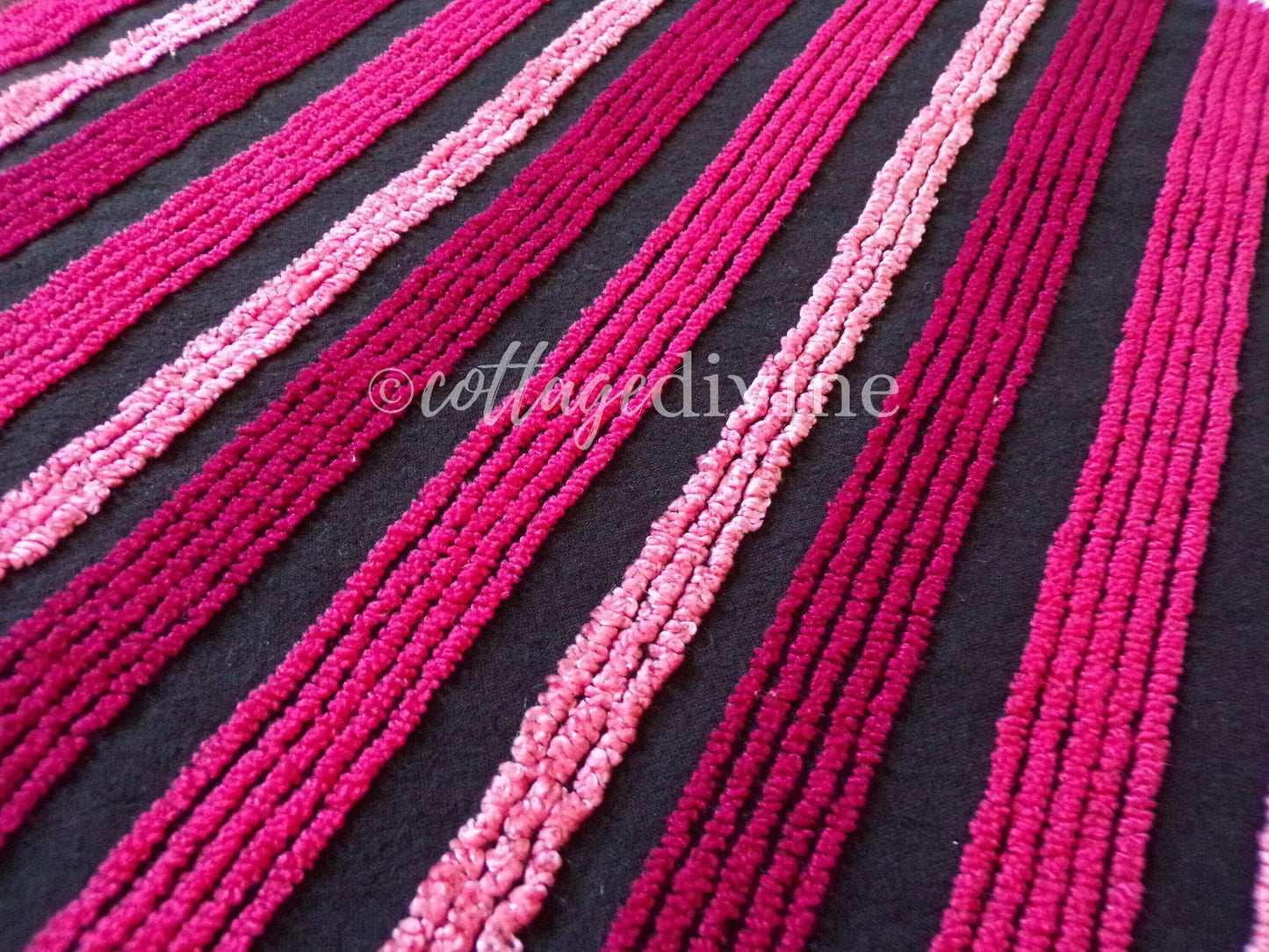 Pink on Black Stripes Vintage Chenille Fabric in Multisize Striped Pattern, 20" x 24" Piece, Shabby Chic Lightweight Cotton