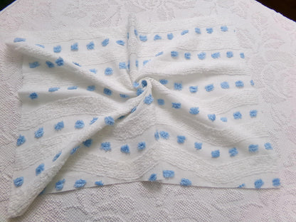Vintage Chenille Fabric Piece, Shabby Lightweight Blue & White Wave Dots, 16" x 23"