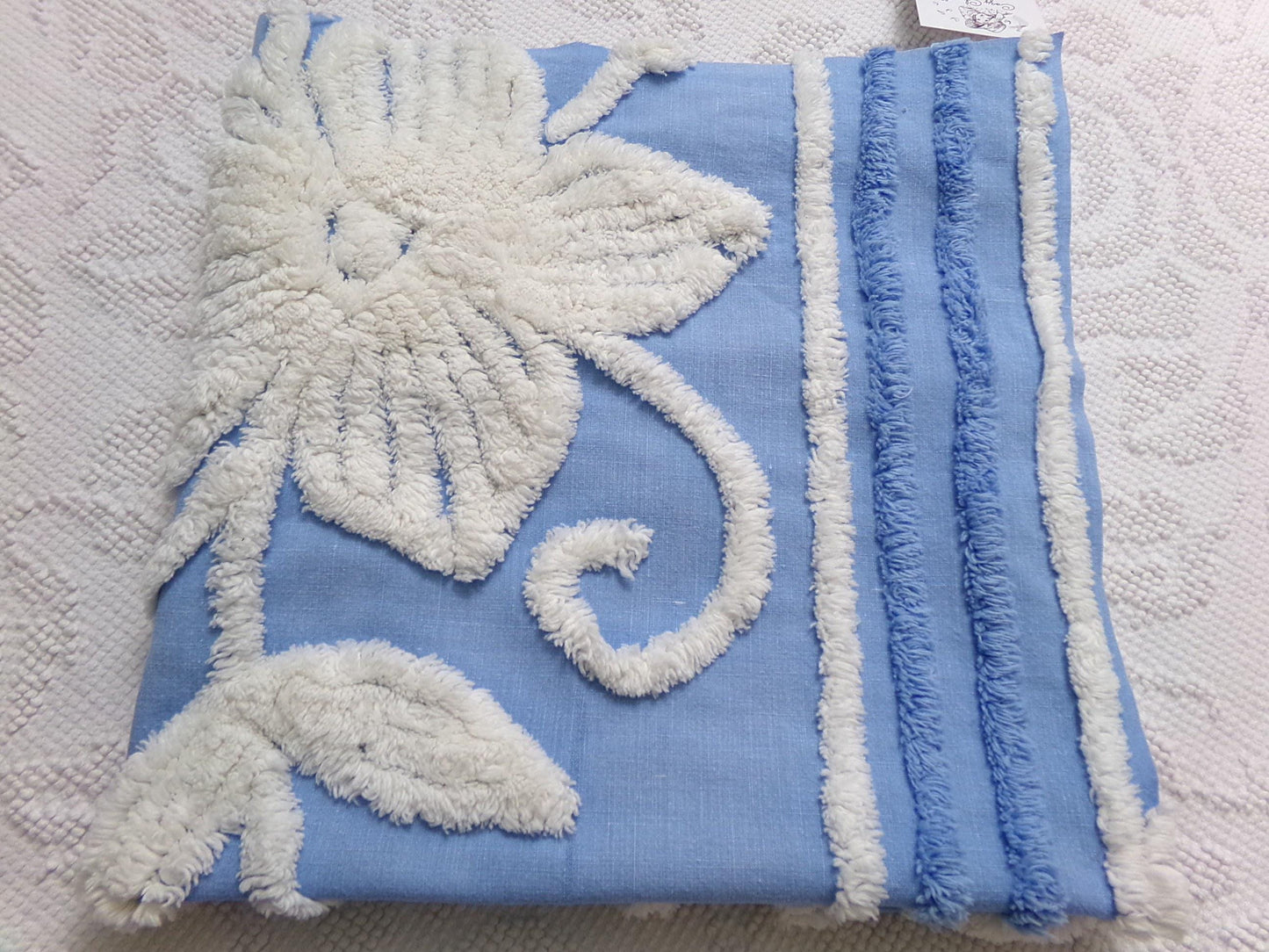 botanical blue vintage chenille fabric, super plush white florals, 21" x 23" piece sewing material