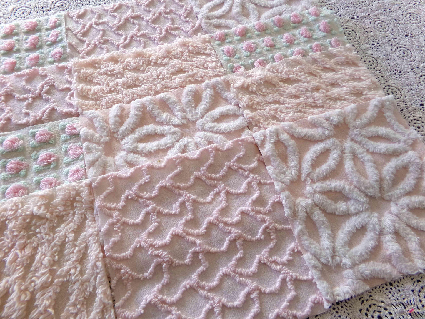 Nectar & Petal Vintage Chenille Quilt Squares Set of 16 Blocks, 6" inch ea in pretty daisies, pink rosebuds, peach lattice