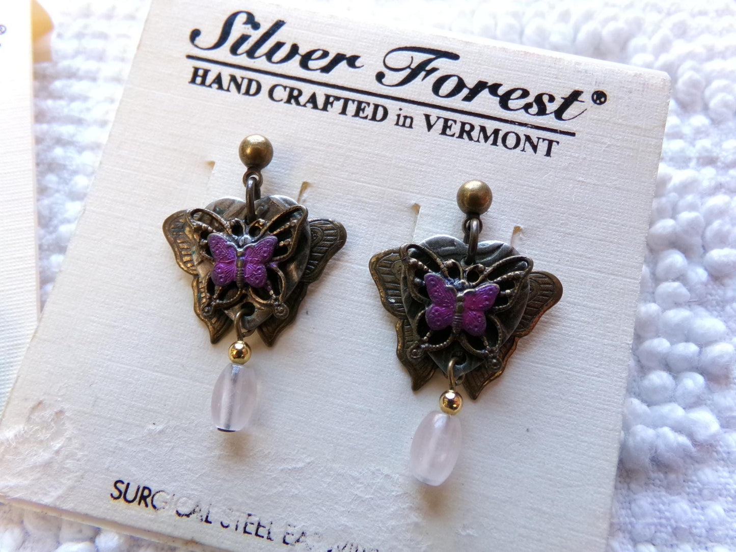 pink butterfly dangle earrings, pierced post back vintage Silver Forest Vermont jewelry