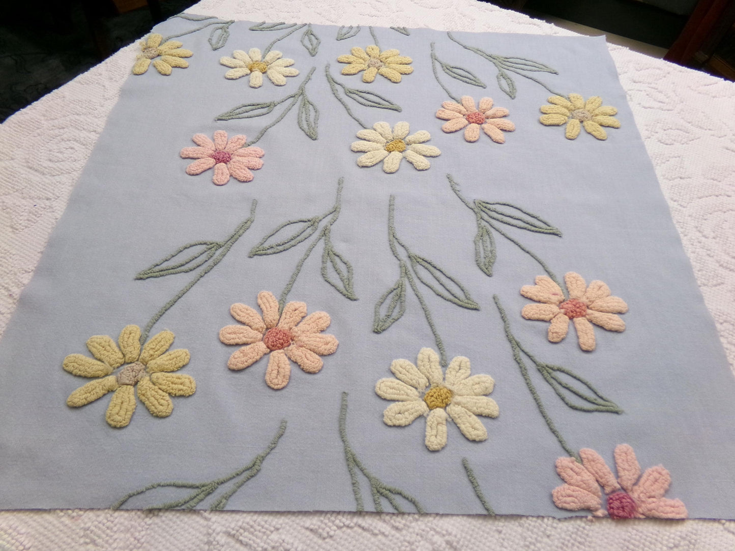 Cascading Daisy Vintage Chenille Fabric, Blue Floral Sewing & Quilt Material 23" x 24" Piece