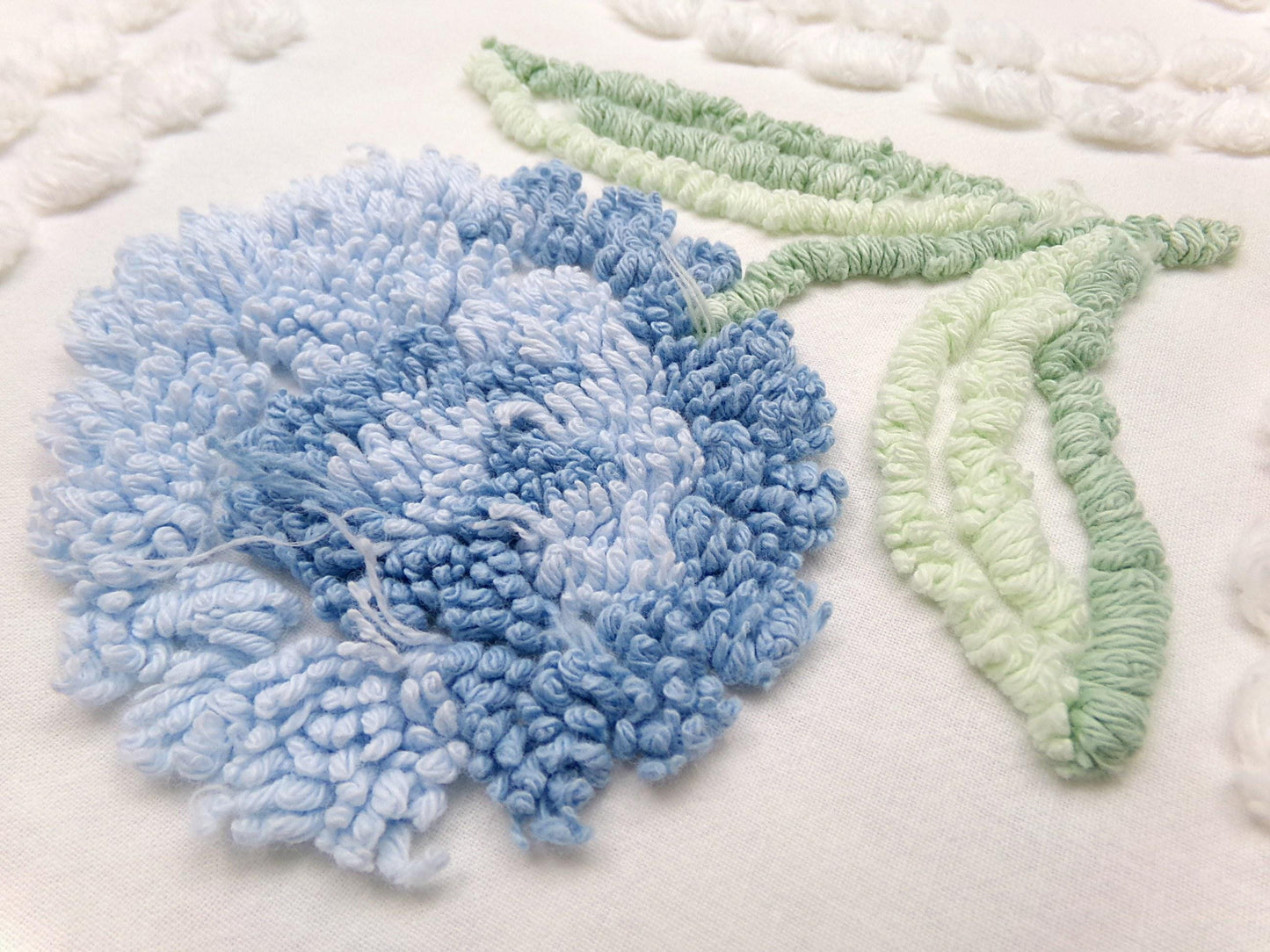 Plush Blue Mum Vintage Chenille Fabric, Tufted Floral on White Cotton 23" x 23" Piece of Sewing Material