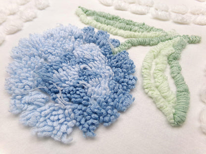 Plush Blue Mum Vintage Chenille Fabric, Tufted Floral on White Cotton 23" x 23" Piece of Sewing Material