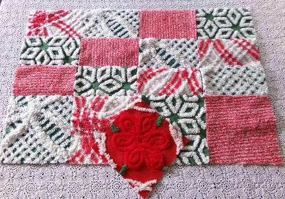 Vintage ChristmasChenille Fabric Squares, Set of 17 Festive Red, White & Green 6" Cotton Quilt Blocks