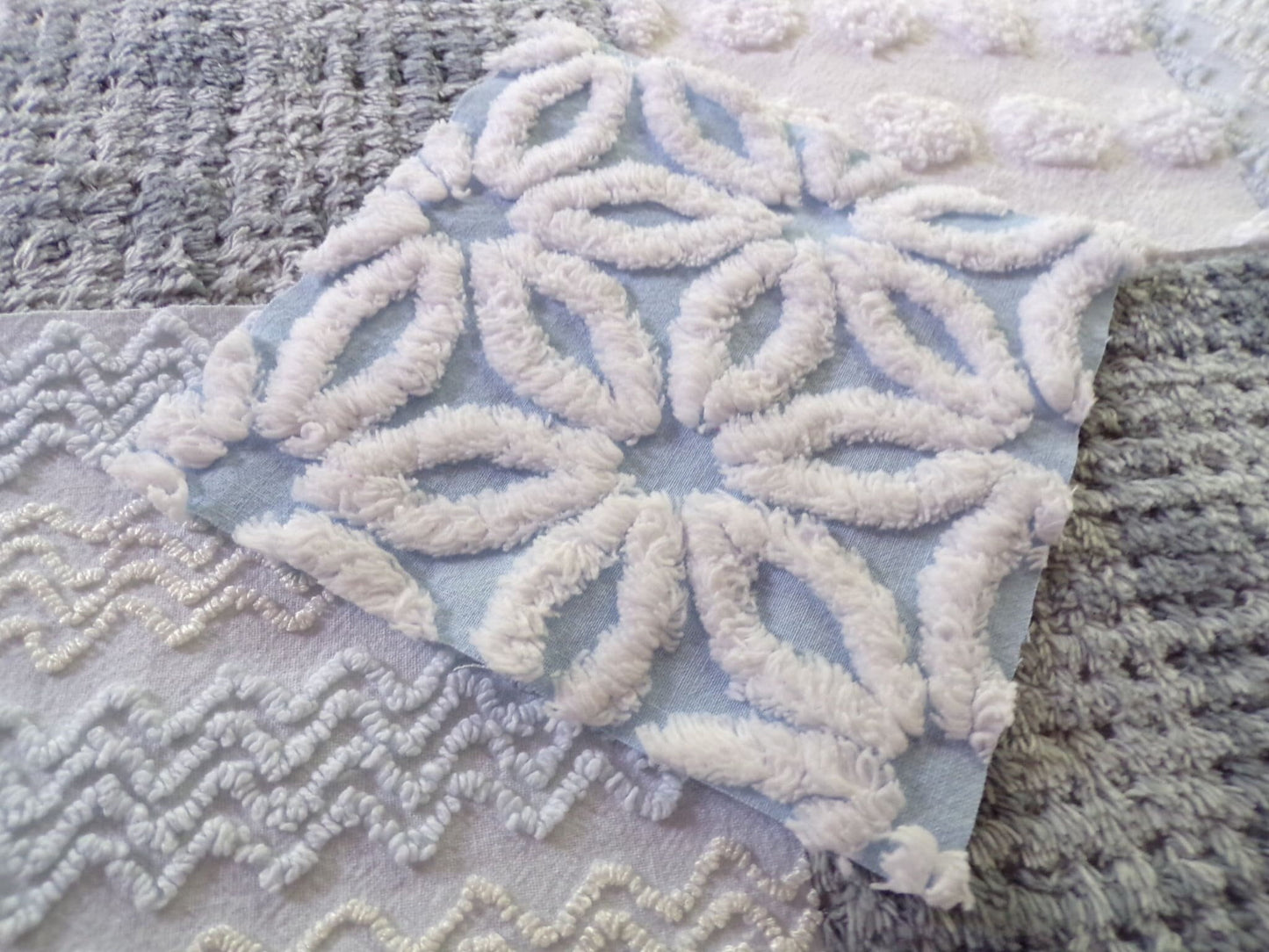winter storm chenille fabric squares, 16 vintage 6" x 6" quilt blocks in cool blue & modern grey geometric for sewing, crafts, fiber arts