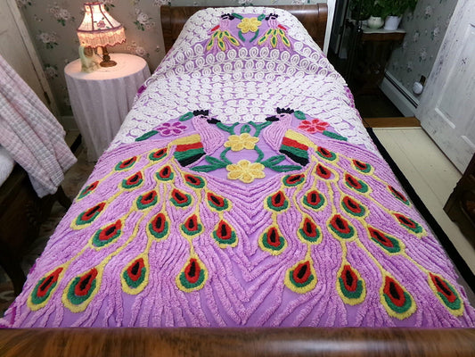 Vintage Lavender Peacock Chenille Bedspread, Colorful Rainbow Hearts Full Size Bedding