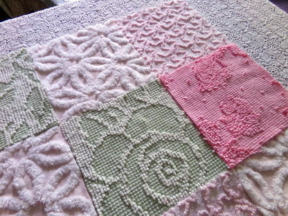 Flower Lady Vintage Chenille Squares, 16 Quilt Blocks, 6" inch in Sage Green, Petal Pink & Rose, from Chenille Bedspread Fabrics
