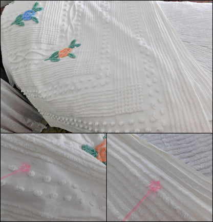 Vintage Chenille Bedspread in Simple Summer Rose Design on White Cotton, Pretty Cottage Coverlet, FULL Size