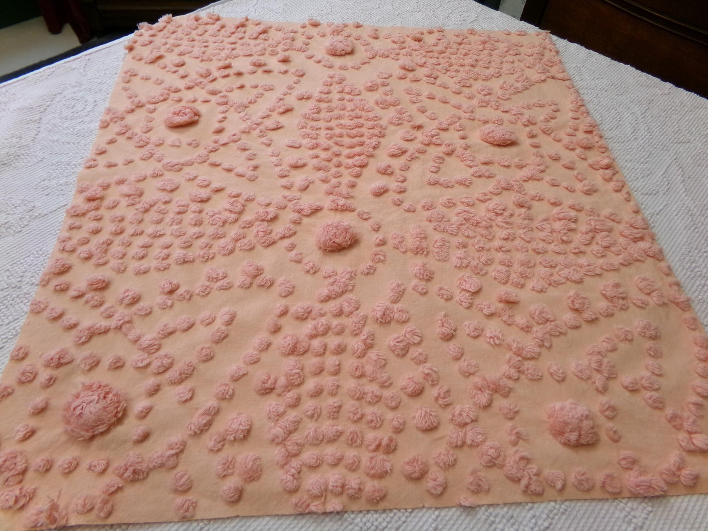 cosmic sunrise vintage chenille fabric, handtufted sun pops, 20" x 23" piece of peach antique sewing & quilt material