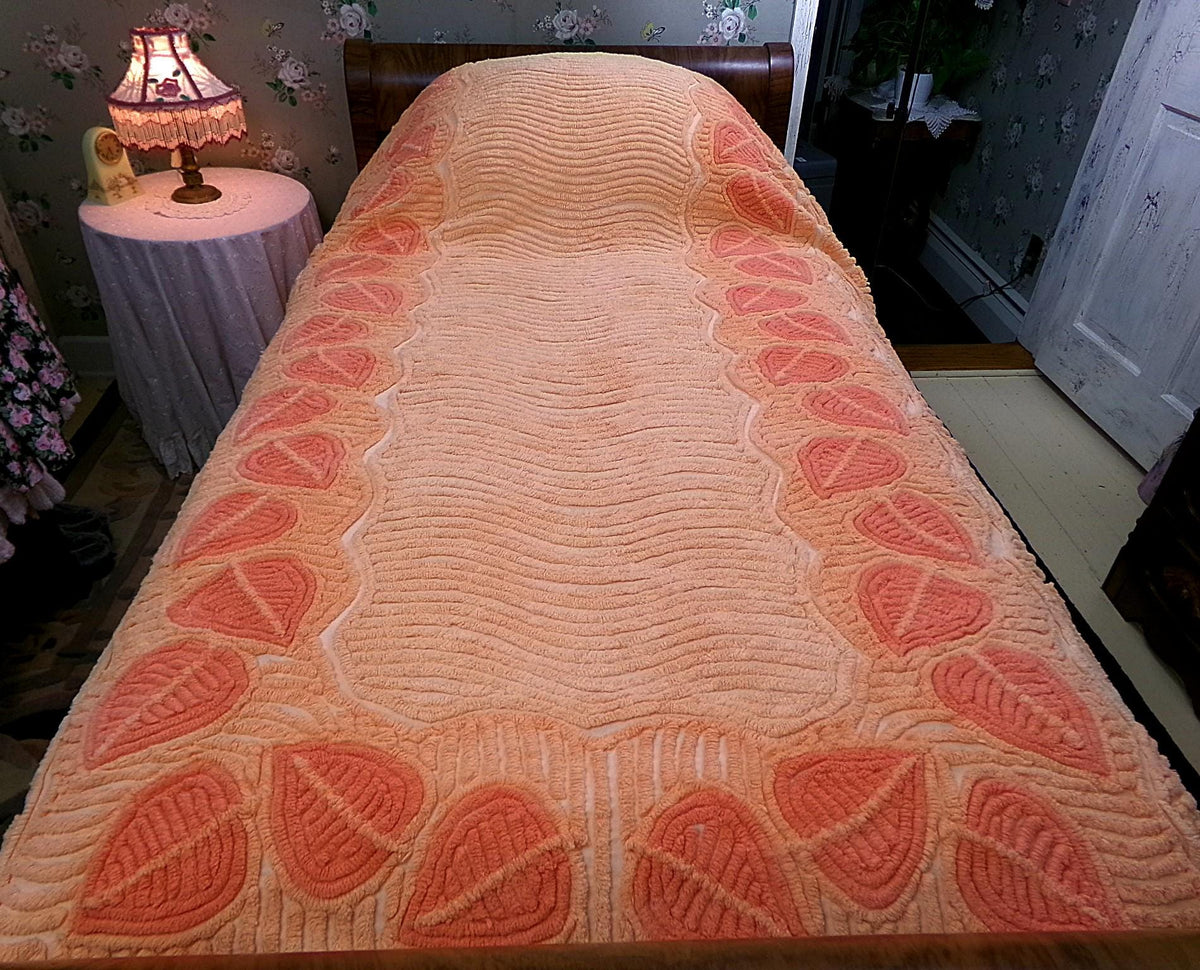 Boho Falling Leaves Vintage Chenille Bedspread, Apricot Peach Twin Size