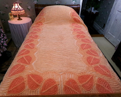 Boho Falling Leaves Vintage Chenille Bedspread, Apricot Peach Twin Size