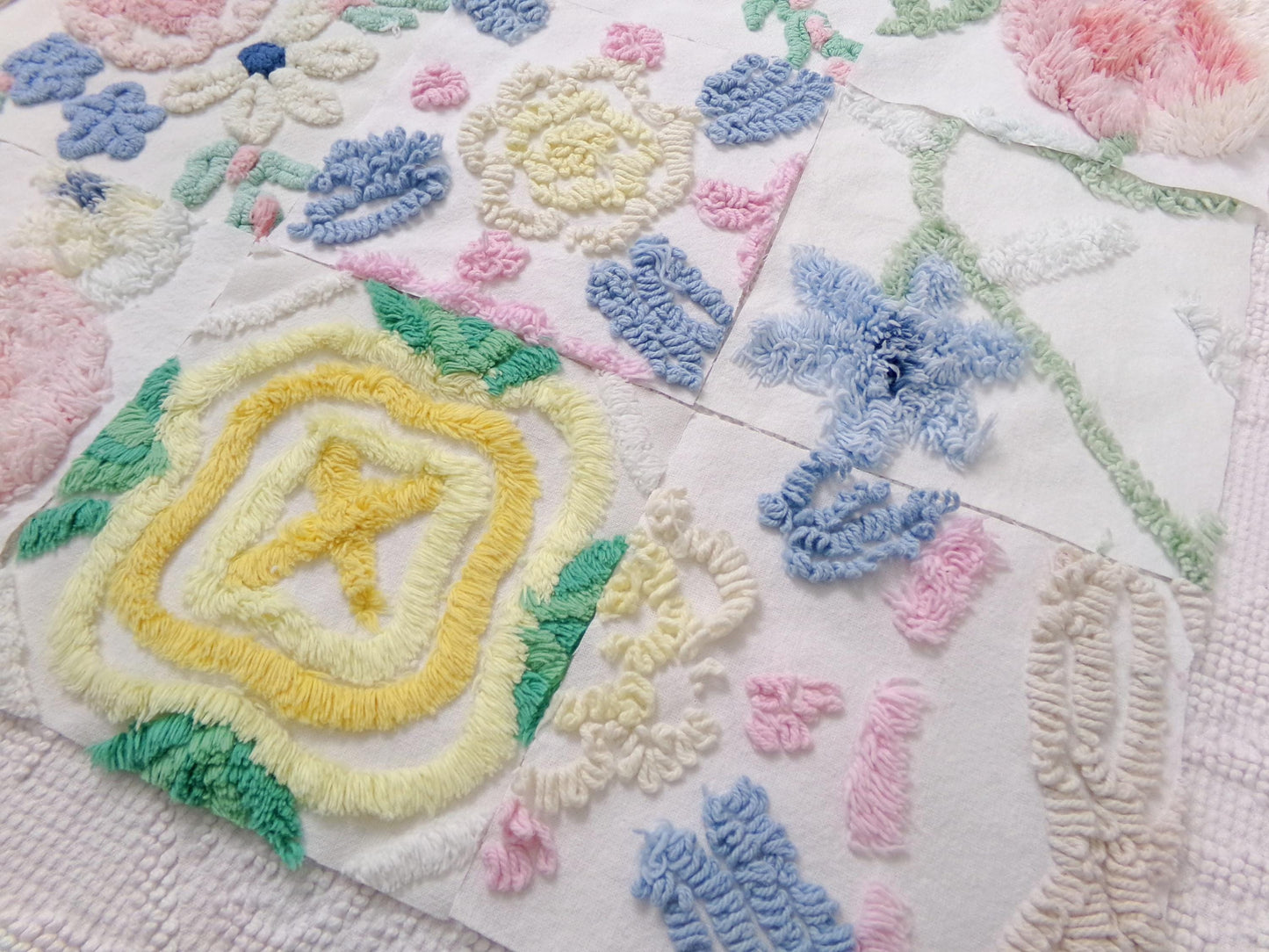 Vintage Chenille Fabric Squares Set of 16 Summer Wildflowers Floral Coordinating Quilt Blocks 6x6"