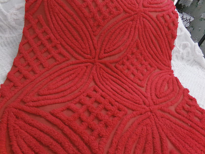 Vintage Chenille Bedspread Fabric Cherry Red Craft & Sewing Material 18" x 25"