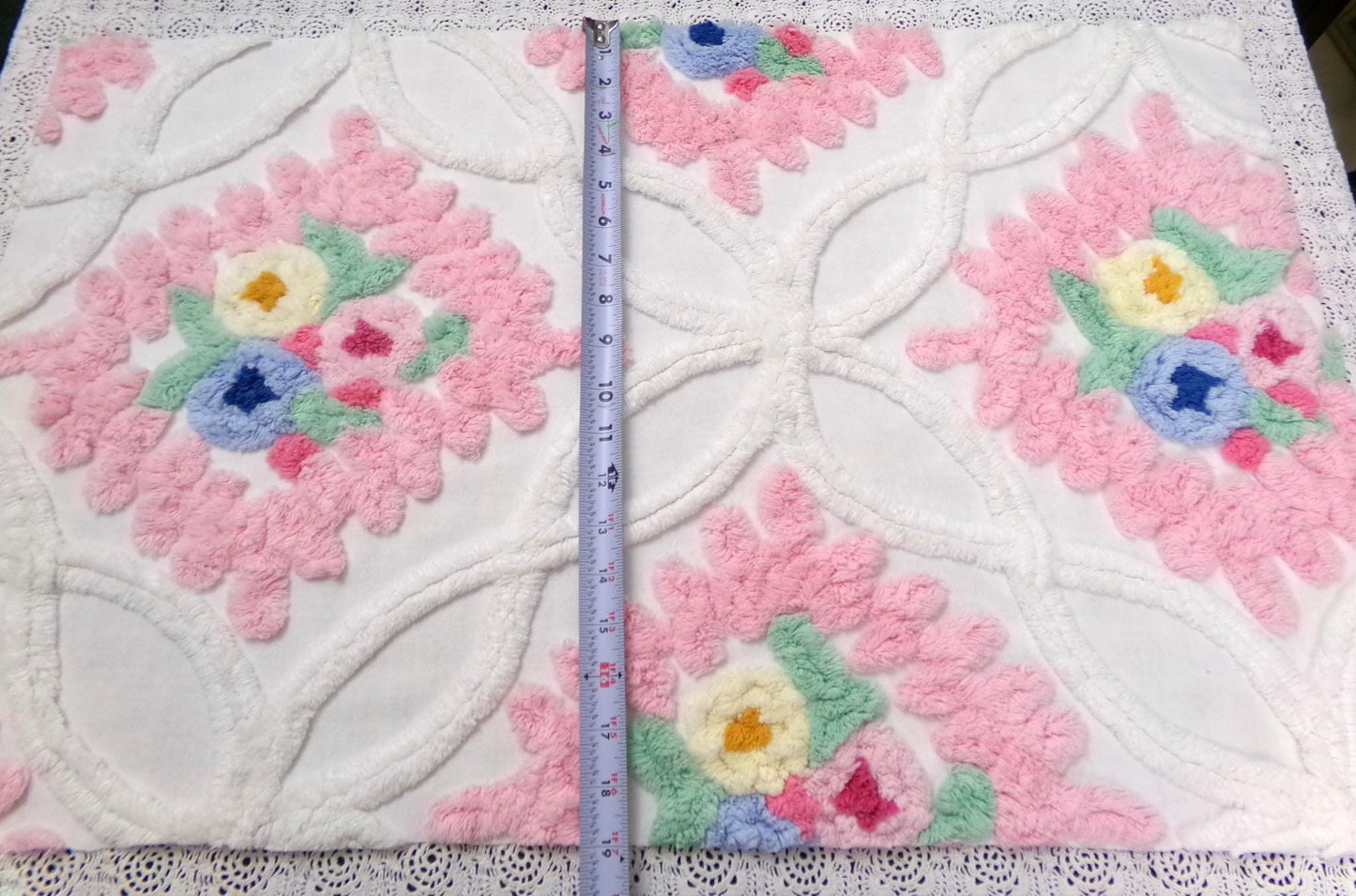 Vintage Chenille Fabric Piece, Pink Frosting Floral Cottage Chic Sewing Material 18x30"