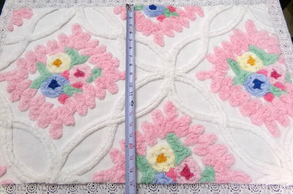 Vintage Chenille Fabric Piece, Pink Frosting Floral Cottage Chic Sewing Material 18x30"