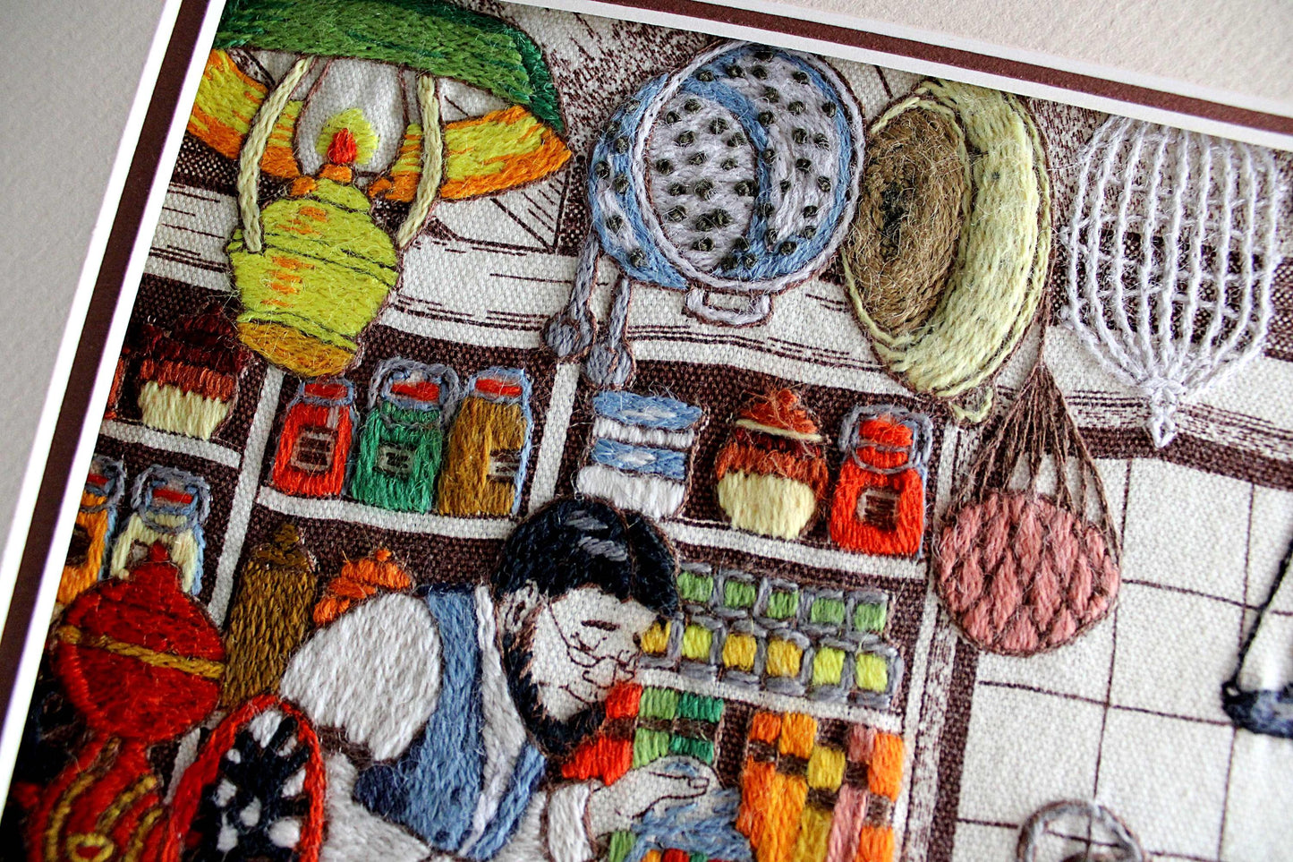 Old-Fashioned Country Store Crewel Embroidery Piece, "Penny Candy" Completed Stitchery, Vintage Paragon Needlecraft, Outstanding Needlework