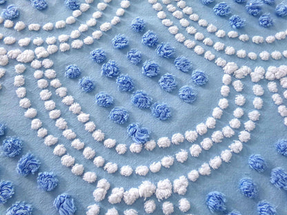 seashell pearls fabric, 20" x 24" inch piece cut from vintage chenille bedspread, beautiful blue & white scallop tufted design