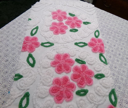 Pink White Floral Vintage Chenille Bedspread Fabric Sewing Quilt Material 17.5x30"