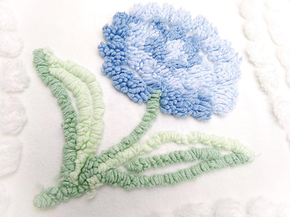 Plush Blue Mum Vintage Chenille Fabric, Tufted Floral on White Cotton 23" x 23" Piece of Sewing Material