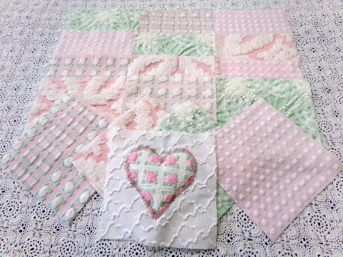 Vintage Chenille Quilt Squares, Pink Green, White 6" Fabric Blocks, Set of 17 for Quilting & Crafts