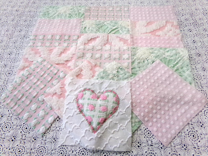 Vintage Chenille Quilt Squares, Pink Green, White 6" Fabric Blocks, Set of 17 for Quilting & Crafts