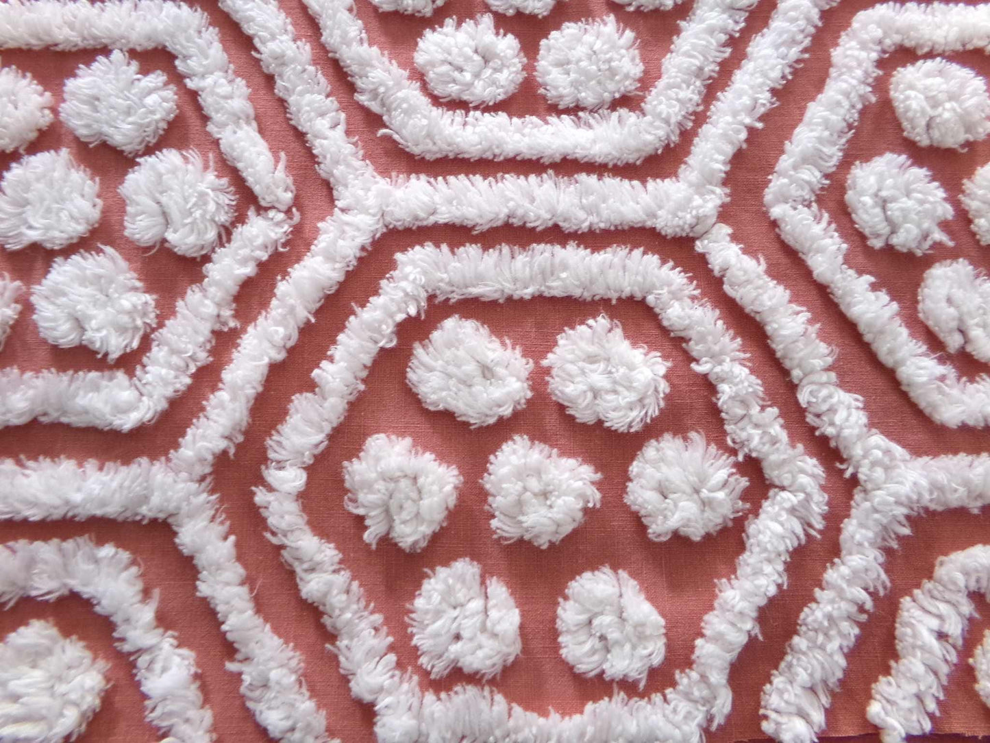 boho vintage chenille fabric, white tufted terracotta geometric design, 18" x 24" quilt material