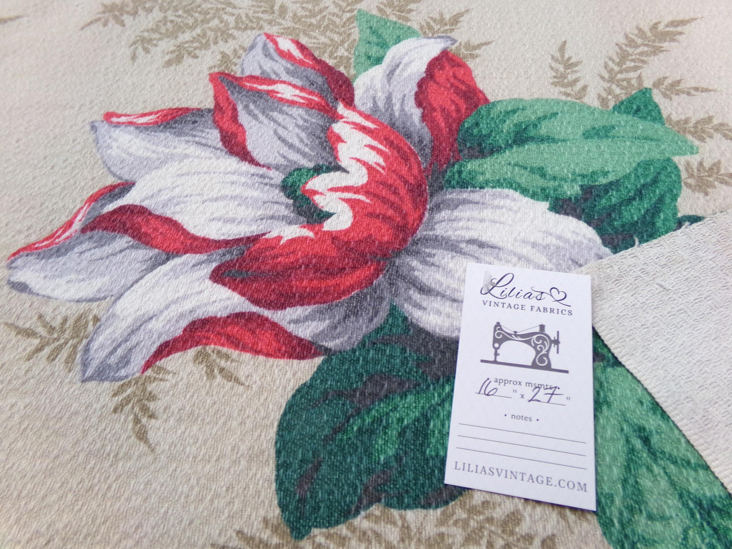Vintage Barkcloth Fabric 16x27" Floral Magnolia Bloom Red White Green Tan