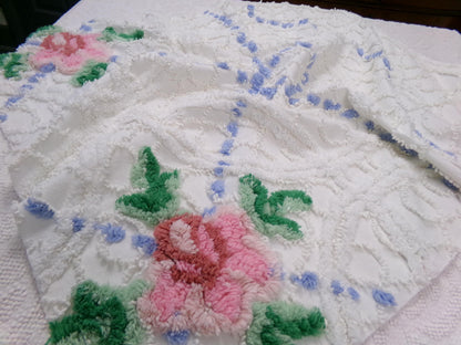 shabby romantic vintage chenille bedspread fabric, pink rose quilt material, 26" x 30" piece