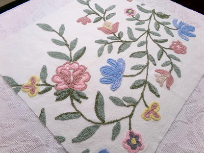 Boho Wildflowers Vintage Chenille Fabric, Natural Vining Rose Florals, 20" x 22" piece