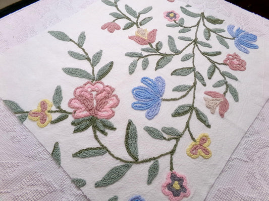 Boho Wildflowers Vintage Chenille Fabric, Natural Vining Rose Florals, 20" x 22" piece