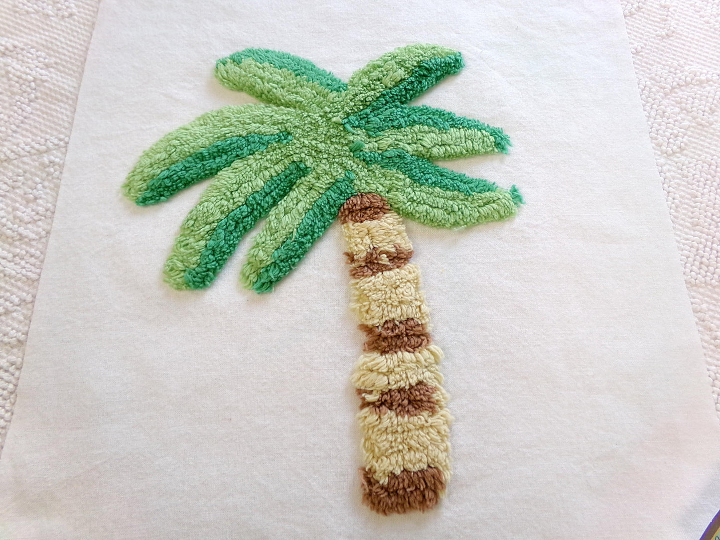 palm tree chenille fabric square, vintage tropical Florida fun novelty sewing material for pillow & quilt designs, 12" inch block