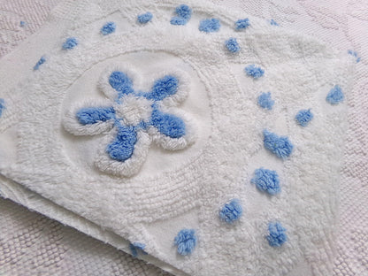 Boho Coastal Vintage Chenille Bedspread Fabric, Blue Circle Dot Flowers 24" x 20" Piece